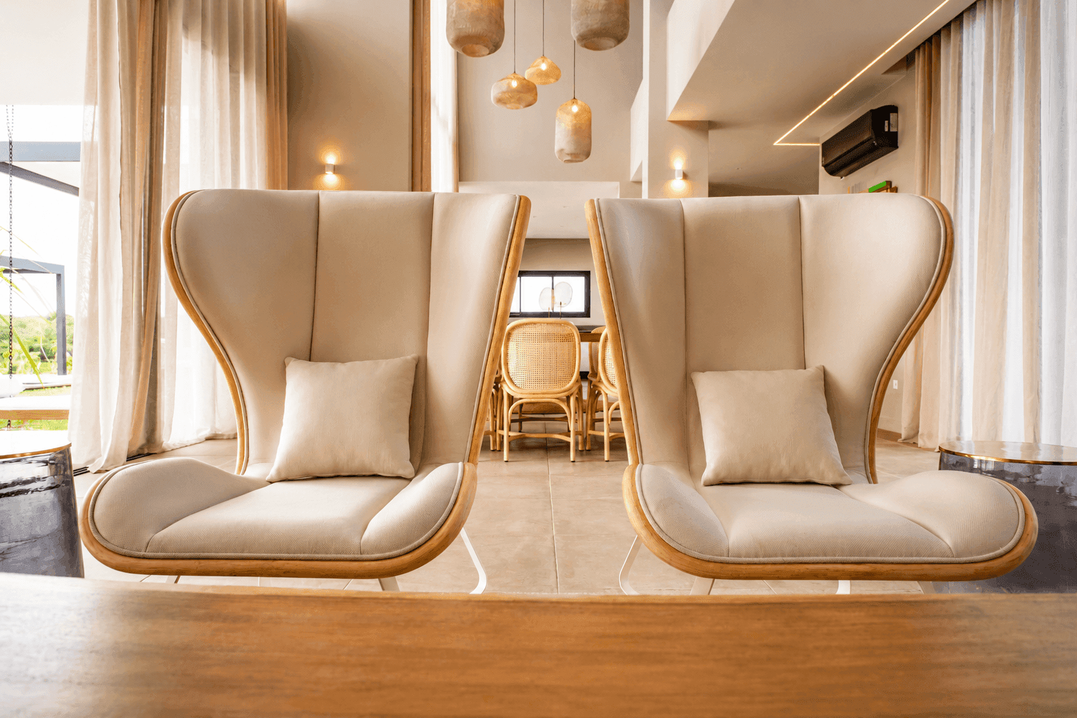 Detail of wood finishes on furniture in a private residence.
